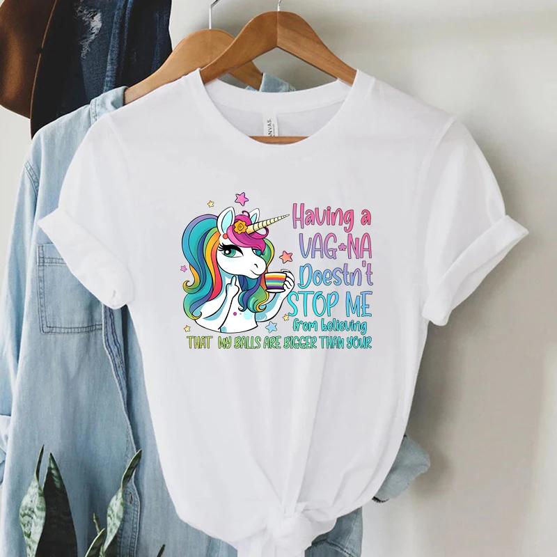 Rainbow Unicorn T Shirt Funny Cartoon Tops Summer Women Streetwear Y2K Aesthetic T Shirts Grunge Harajuku Tee Shirt Female