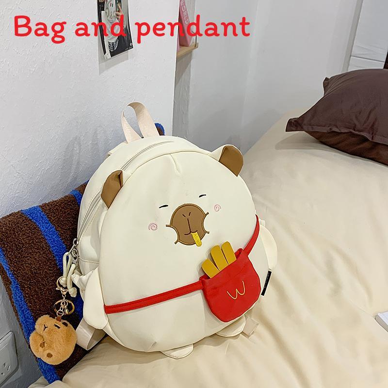 Cute Cartoon French Fries Capybaradesign Children Backpack With Plush Pendant For Casual Travel And School Use