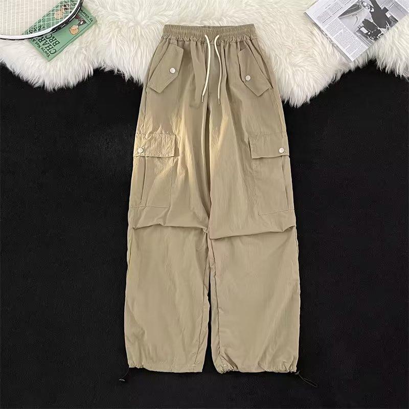 

American Retro Pants Men s Spring and Autumn Multi-pocket Tooling Drawstring Tied Feet Wide-leg Casual Pants M хаки
