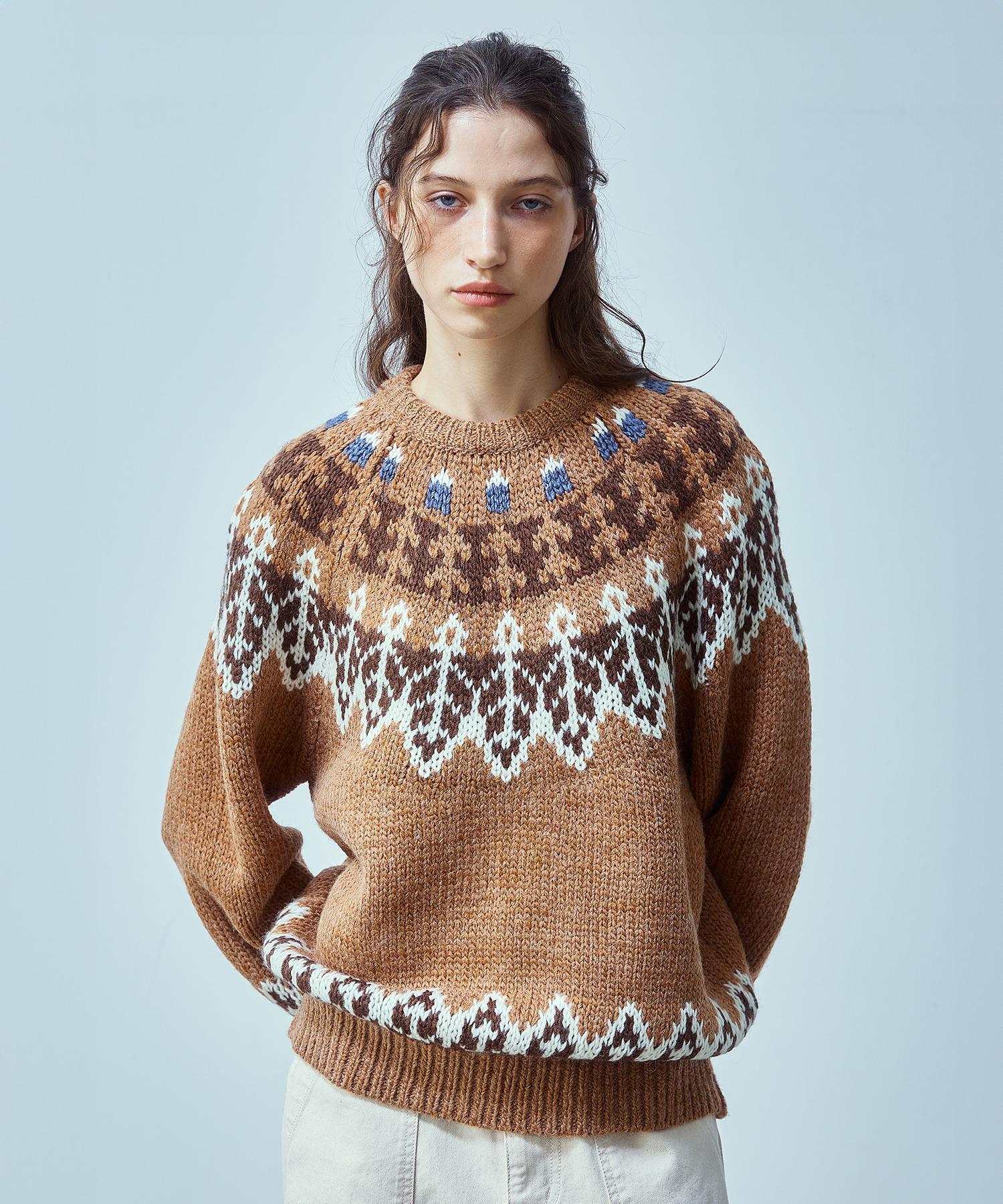 Uniform Bridge Nordic Crew Neck Knit(Women) Camel Free