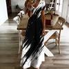 Women Plus Size V Neck Short Sleeve Black White Printed Straight Maxi Dress