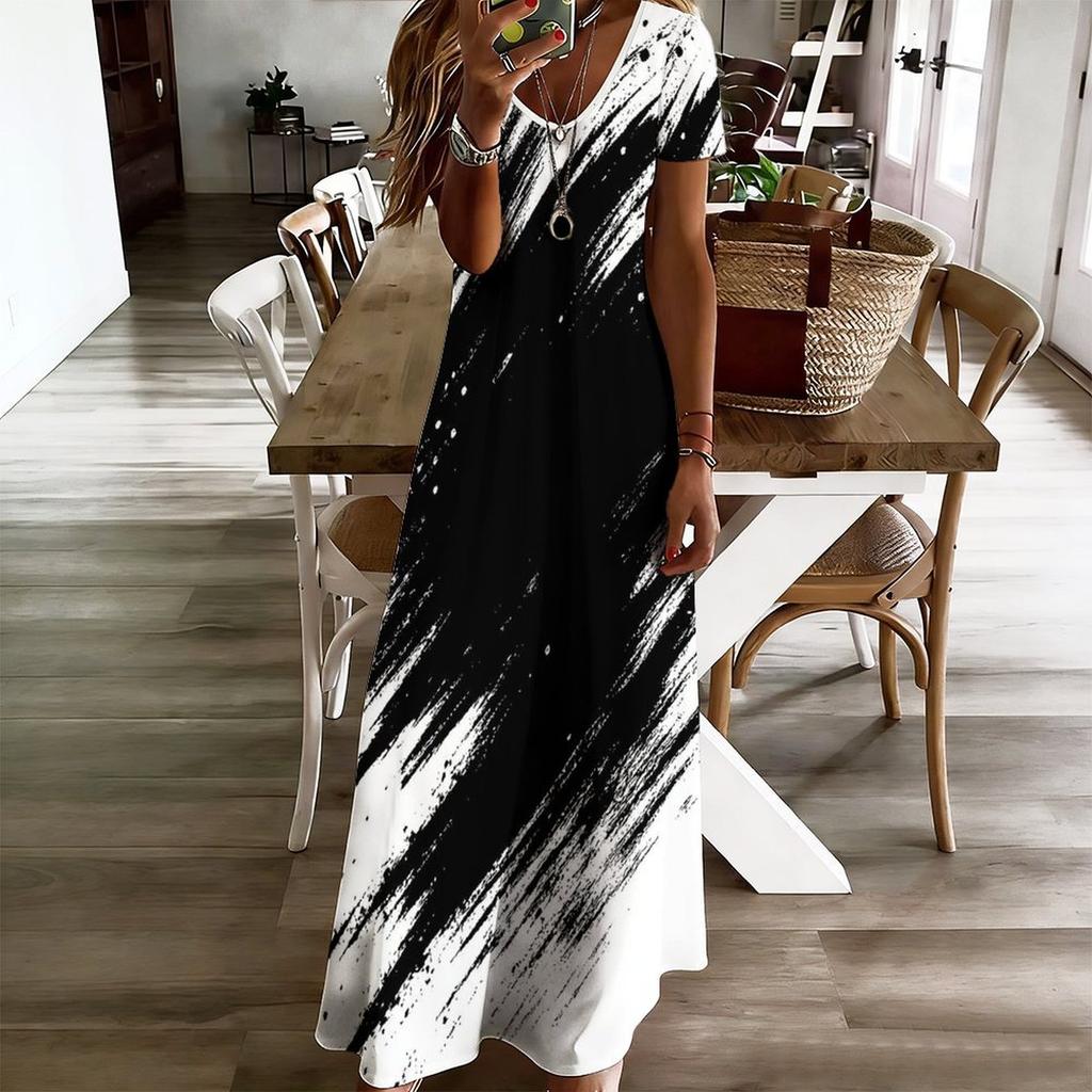 Women Plus Size V Neck Short Sleeve Black White Printed Straight Maxi Dress