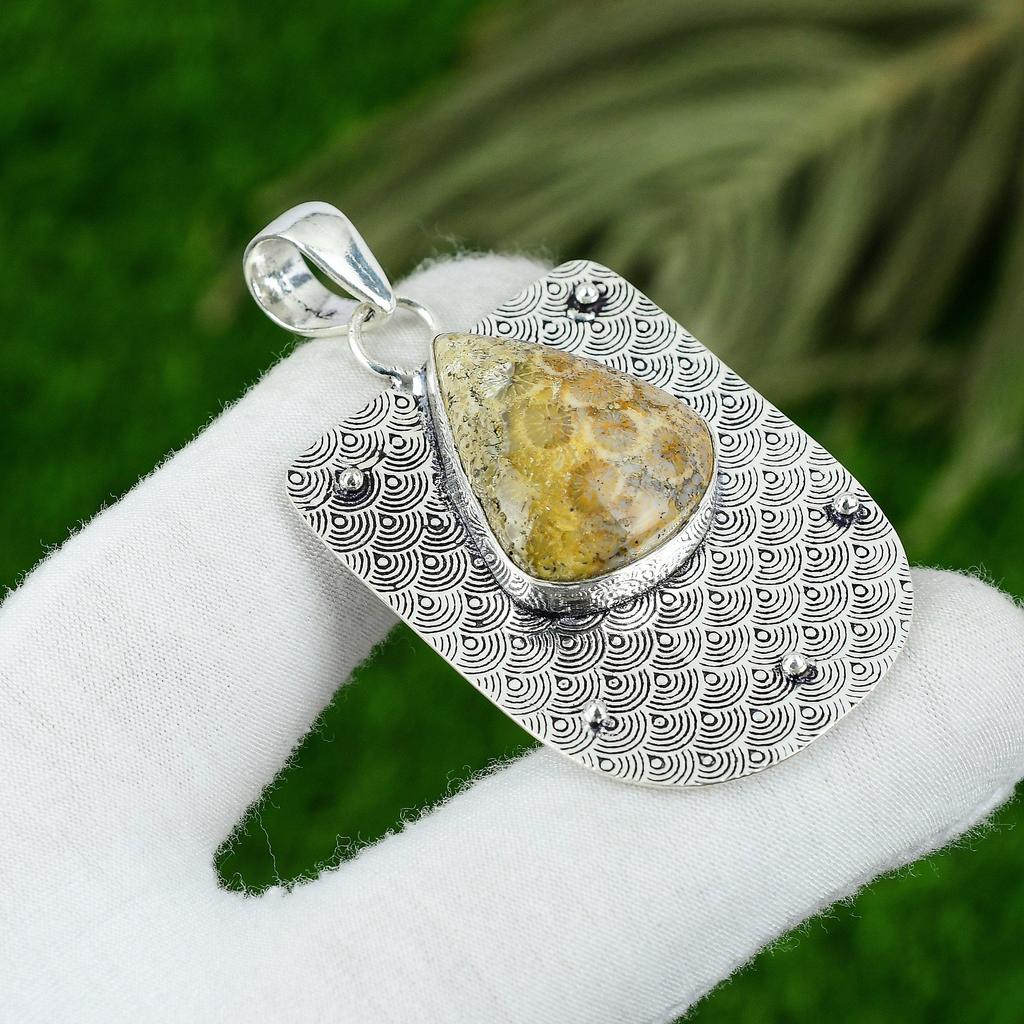 Natural Fossil Coral Gemstone Pendant 925 Sterling Silver Indian Jewelry