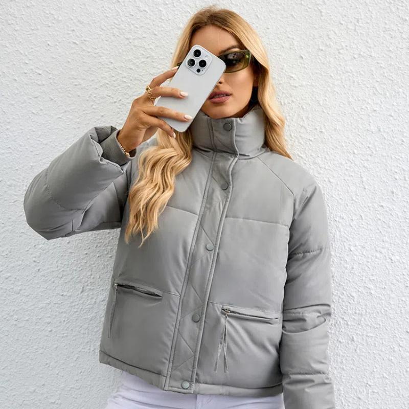 Womens Cropped Puffer Jacket Full Zip Quilted Jackets Warm Winter Coat Outerwear With Pockets