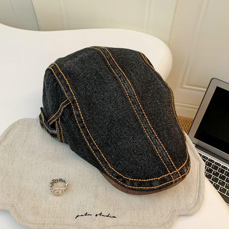 Wash and show a small face, wear a denim forward hat, women's spring and summer British wind forward hat, retro big head circumference hat