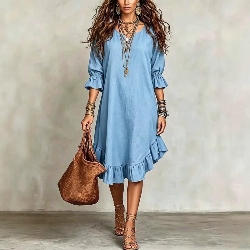 Vestido Casual Ligero de Verano para Mujer Holgado Cuello en V Manga Media Dobladillo con Volantes Longitud hasta la Rodilla Comodidad Vestido para el Día a Día