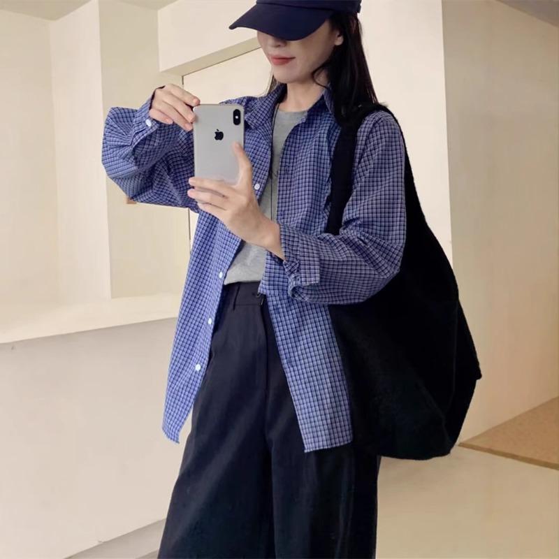 American Retro Blue Plaid Shirt for Women Spring Autumn and Summer Korean Style Lazy Loose Sun Protection Shirt Top Jacket