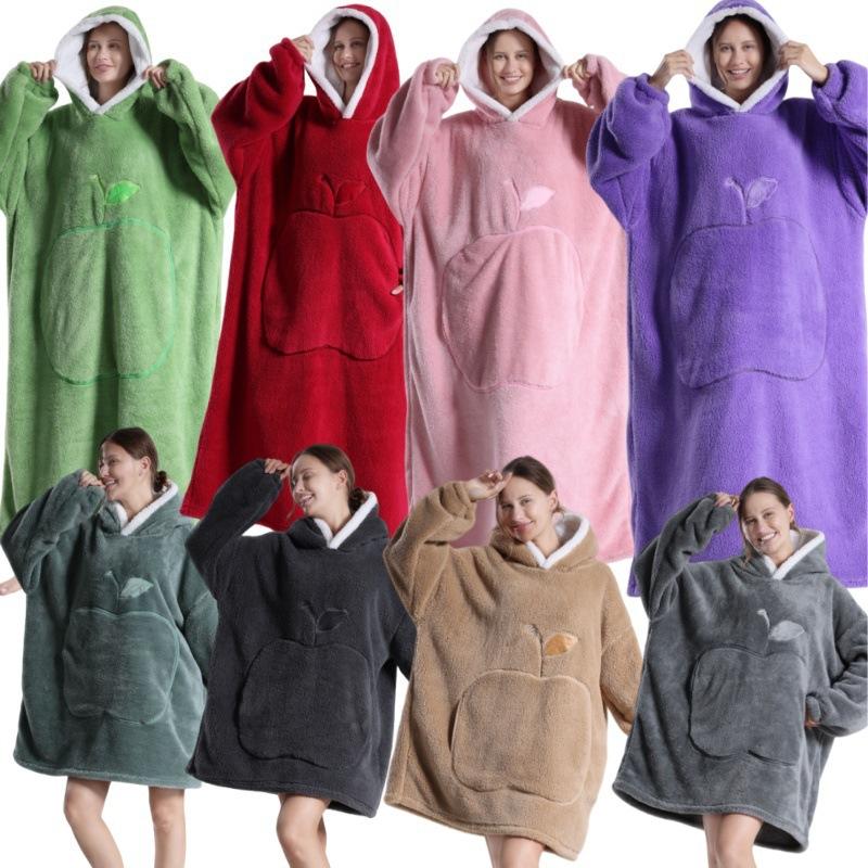 Winter Warm Fleece Hoodie Robe for Women Solid Color 140cm Oversized Blanket Sleeves Fleece Warm Hoodies Sweatshirts Giant TV Blanket Women Hoody Robe