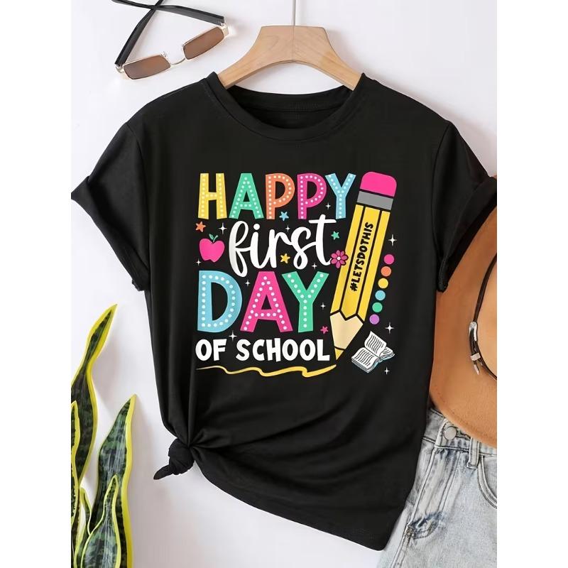 Happy First Day Of School Print Tshirt Unisexs Casual Crew Neck Short Sleeve Colorful Pencil Book Print For Back To School