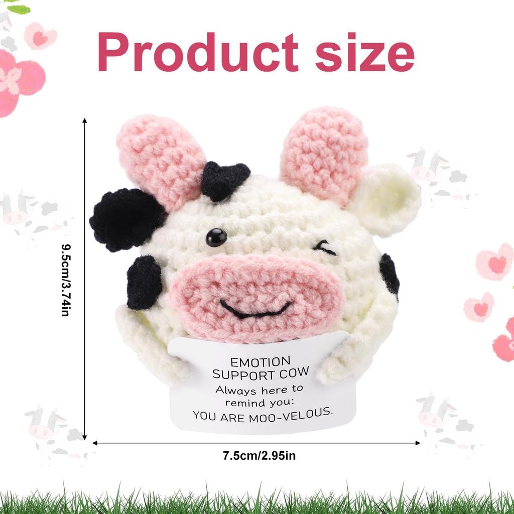 Funny Crochet Positive Energy Cow Doll with Card Home Room Decoration Handmade Knitted Cow Dolls Desk Ornament Christmas Gifts