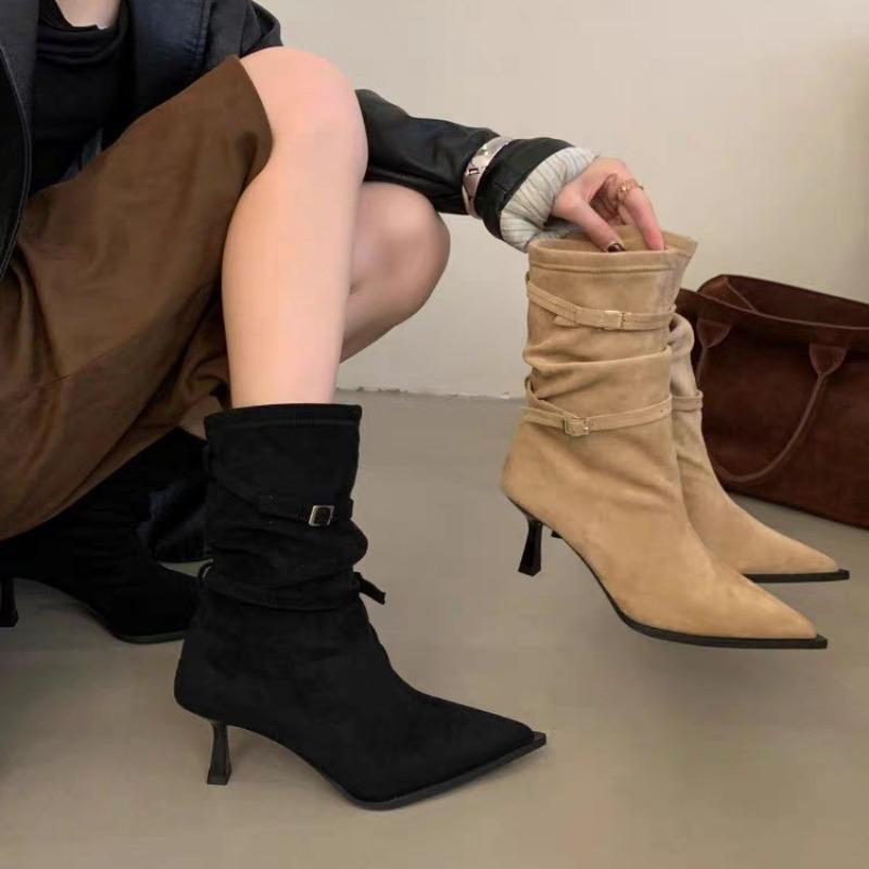 2025 Fashion New Thin Heel Short Boots Fashion Buckle Suede Pleated Modern Boots Versatile Pointed Toe Women's Stiletto Heels