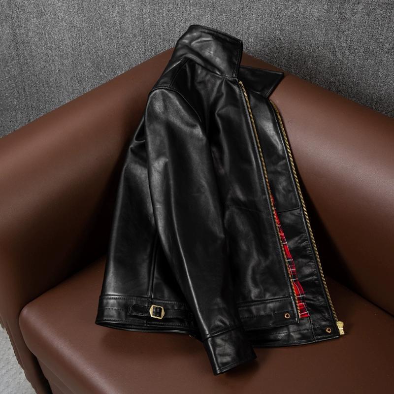 Genuine Horsehide Leather Jacket for Men Slim Fit with Notched Collar Vegetable Tanned Tea Core