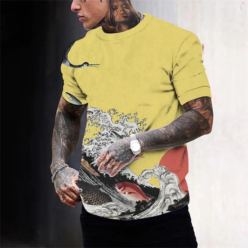 3D-gedrucktes japanisches Ukiyo-e T-Shirt für Herren, Landschafts- und Tiermuster, Sommer-Streetwear, Harajuku, O-Ausschnitt, Kurzarm-Tees