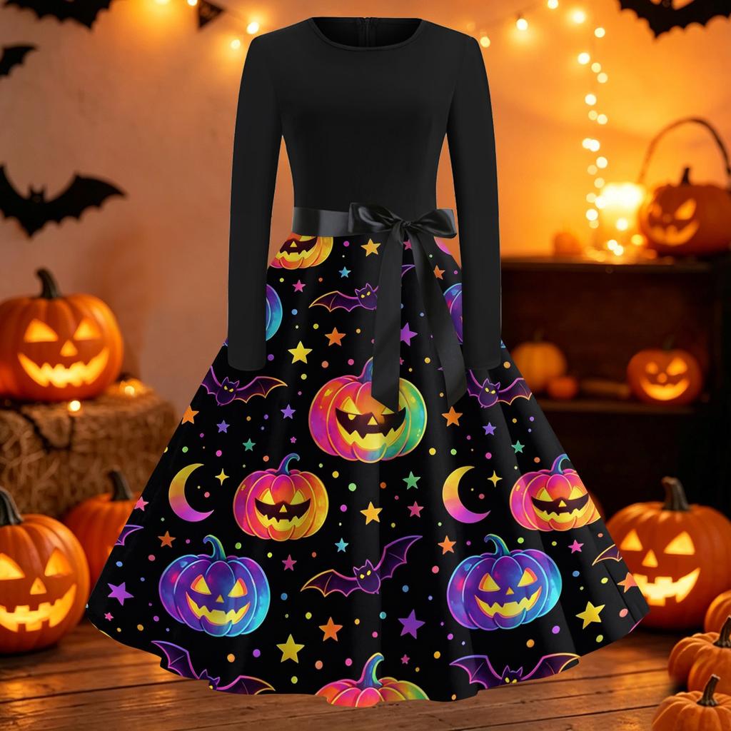 Womens Casual Long Sleeve Halloween Dress Round Neck Fit and Flare Midi Dress with Printed Skirt and Waist Tie Belt