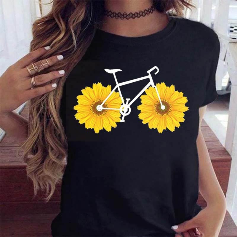 Woman Funny Bicycle Floral Print T Shirt Harajuku Women Tshirts Casual O-Neck Short Sleeves Tops Tees Shirt,Drop Shipping