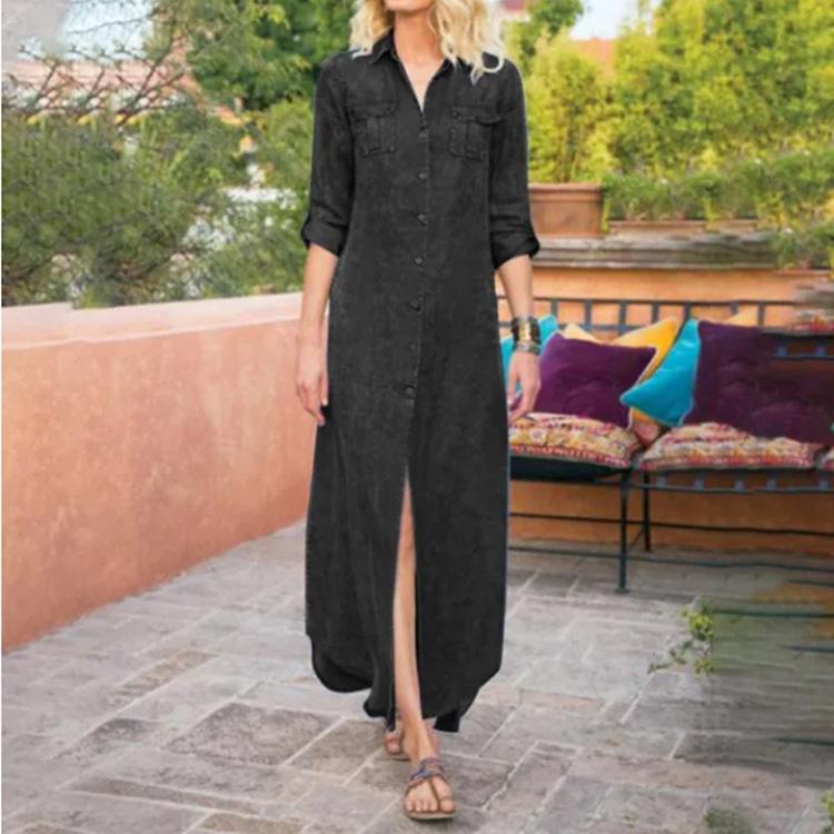 2023 Women's Loose Solid Color Casual Denim Dress - Single-breasted, Summer Style
