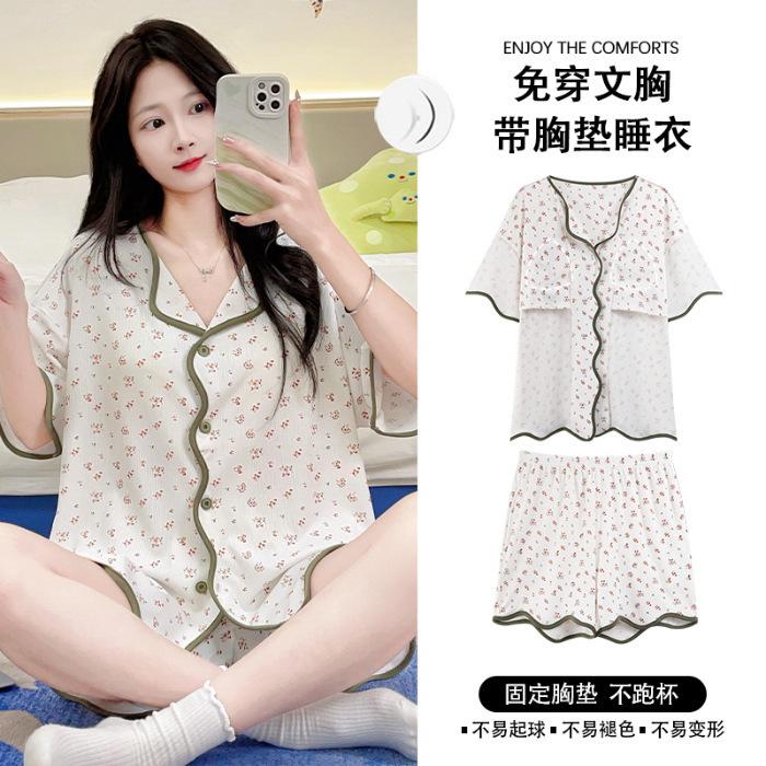 Kommt mit integriertem Brustpolster Pyjama Damen Cardigan Kurzarmshorts Sommer Cartoon Katze Loungewear