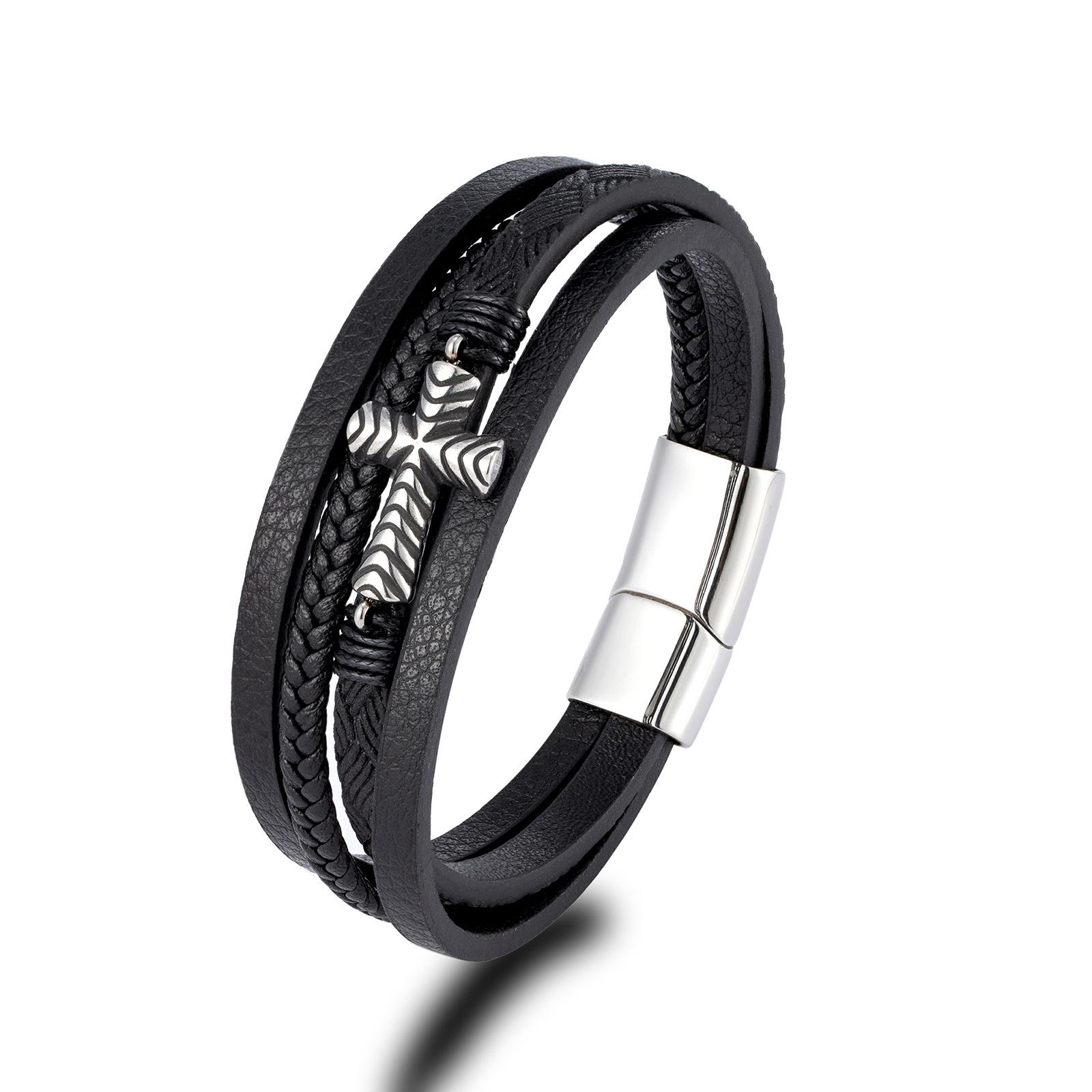 Fashionable Cross Pattern Multi-layer Woven Leather Bracelet Hot Selling Cross-border Source Trendy Men s Accessories