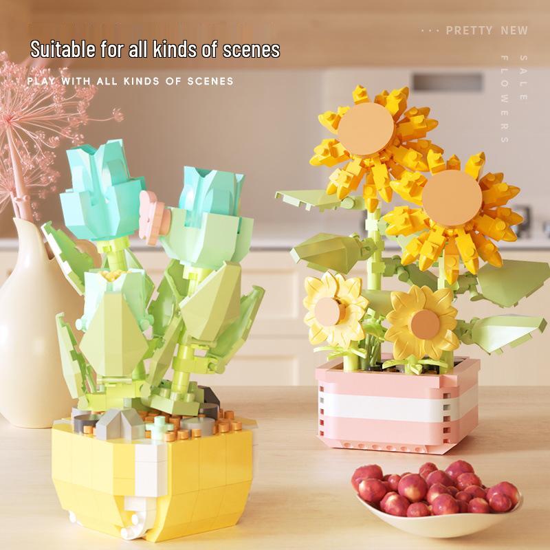 Bonsai Blomma Byggklossar: Mikropartikulärt Suckulent Ros Monteringsset för Skrivbordsdekor & Gåva