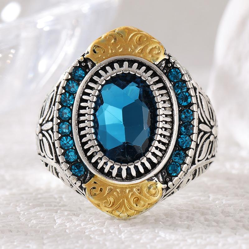 Vintage Inlaid Blue CZ Women's Ring Ethnic Two Color Hand Carving Daily Wear Party Jewelry Anniversary Gift
