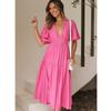 Summer Sexy Deep V-neck Long Dress For Women Office Lady Solid Puff Sleeve Dress Fashion Casual Shirring A-line Robe 25816