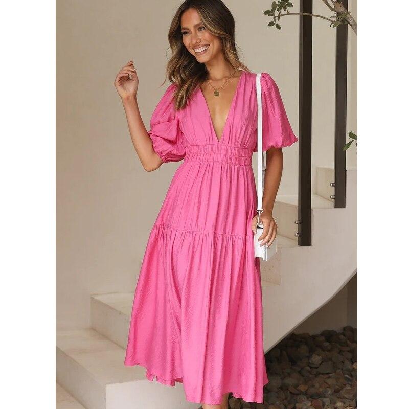 Summer Sexy Deep V-neck Long Dress For Women Office Lady Solid Puff Sleeve Dress Fashion Casual Shirring A-line Robe 25816
