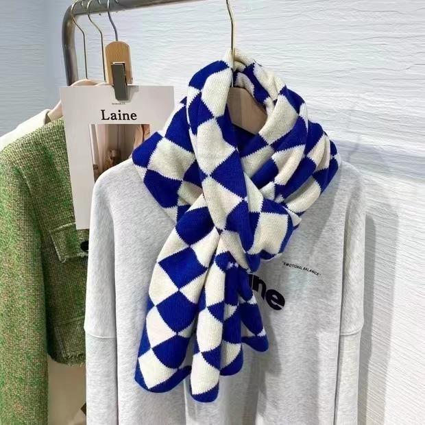 Green Rhombus Plaid Scarf for Women In Winter Japanese Style Versatile Student Thickened Warm Plaid Knitted Short Scarf Trendy