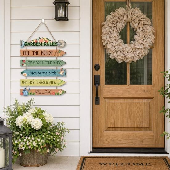 Garden Rules Hanging Sign, Spring Wooden Welcome Door Sign for Front Door, Rustic Farmhouse Wall Plaque for Porch Yard Gardening Shed Decoration