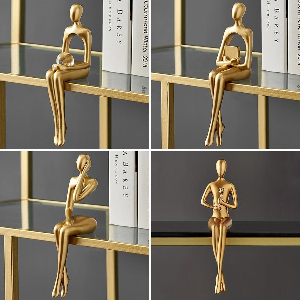 Resin Human Body Art Ornament Abstract Design Golden Finish Figure Statue Thinking Reading Man Desktop Ornament Home Decor