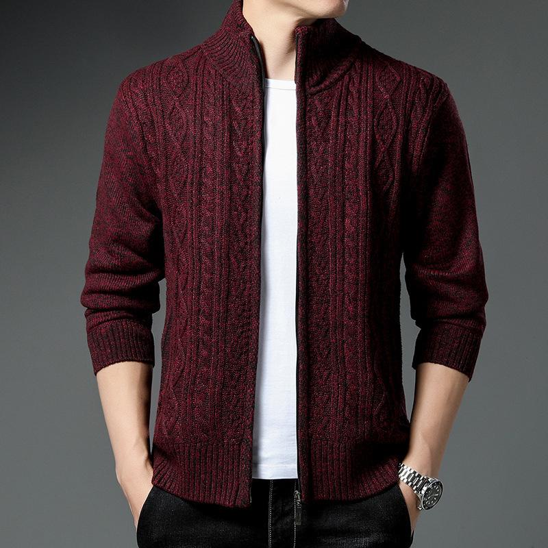 Men's Winter Fashion Cardigan Plus Velvet Sweater Jacket Men's Stand Collar Casual Solid Color Knitted Wholesale