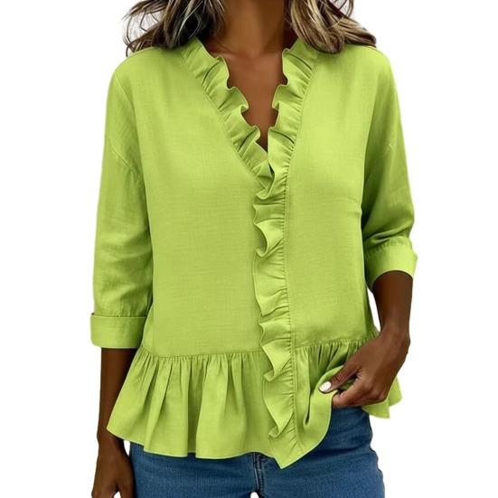 Women Casual Shirt Stand Collar Mid-Length Long Sleeve Breathable Tops Pure Color Loose Fit Ruffle Trim Shirt Daily Wear