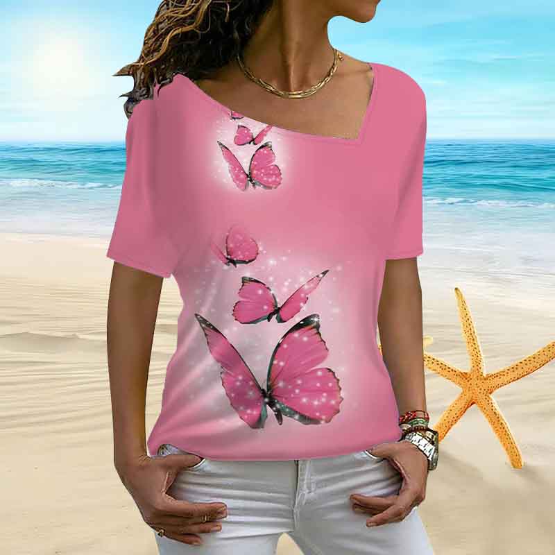 

Женская майка с короткими рукавами и 3D-темным принтом бабочки, нерегулярный воротник, женская футболка 8XL розовый