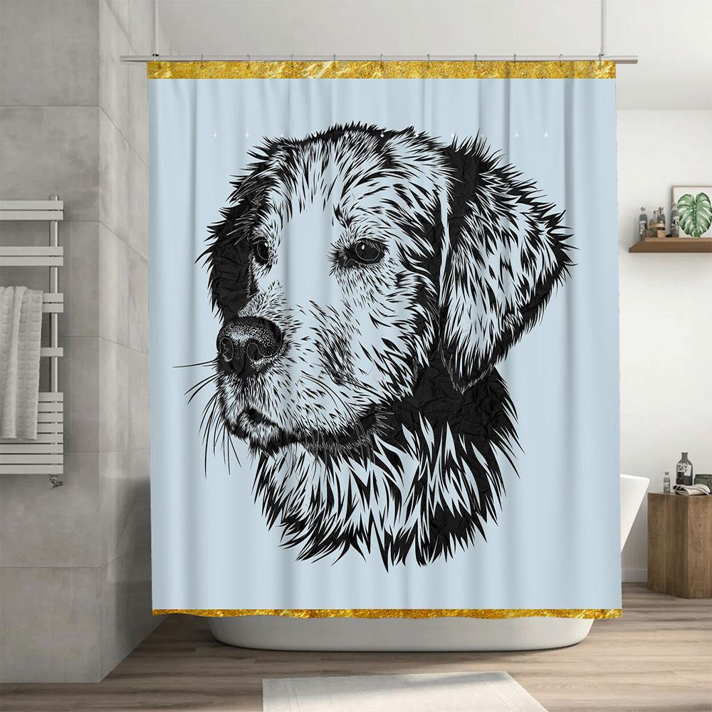 Vintage Style Dog Print Shower Curtain For Bathroom Decor Black White Animal Pattern Waterproof Fabric 72X84Inches Set With Snap