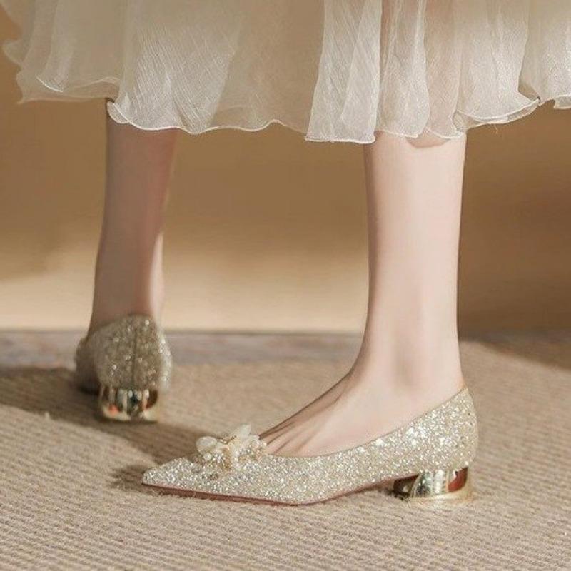 Fashion Fall New Coarse Heel Shoes Women's Pointed Head Glitter Cloth Flowers Anti-slip Wear-resistant Low-top Shoes