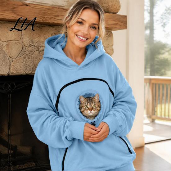 Dog Holder Hoodie Women Pet Carrier with Front Side Pockets, Solid Color Casual Hooded Loose Fit Sweatshirt Sweatshirt, Cat Carrying Pouch