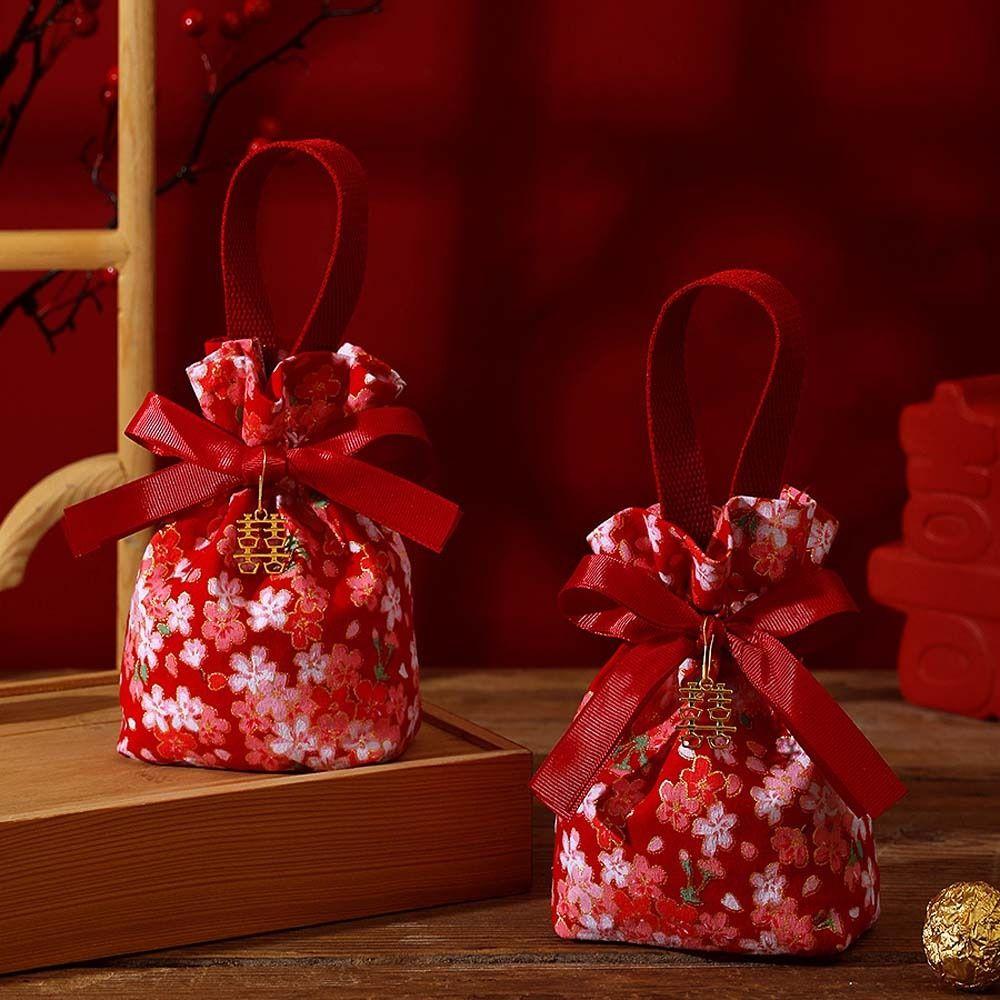Pearl Pendant Flower Drawstring Bag Floral Ribbon Bowknot Handbag Sweet Festive Sugar Bag  Festival