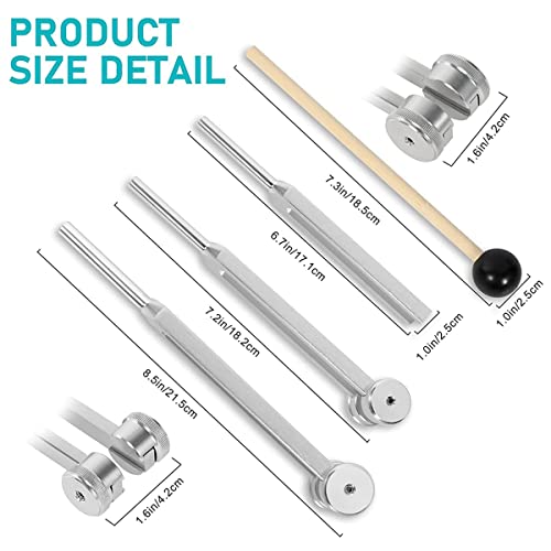 Ahvqevn 4-Pack Tuning Fork Set (128Hz, 256Hz, 512Hz) with Tuning Fork Hammer and Base for Sound Vibration Tools, Silver