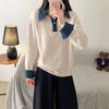 Maglione da donna a blocchi di colore in denim con colletto polo - Moda maglieria Autunno/Inverno 2026 Top