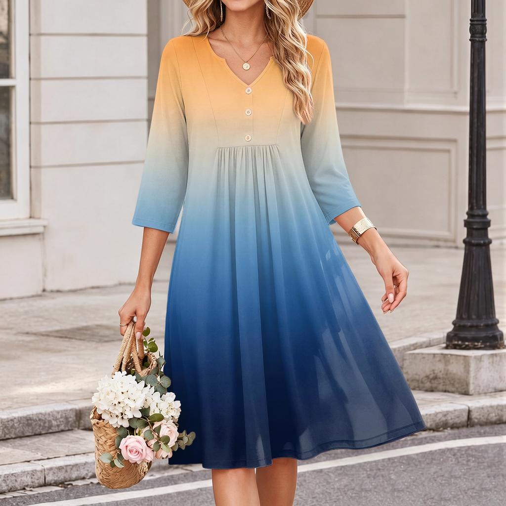 Women's Casual V-Neck Dress with Three-Quarter Sleeves and Gradient Print