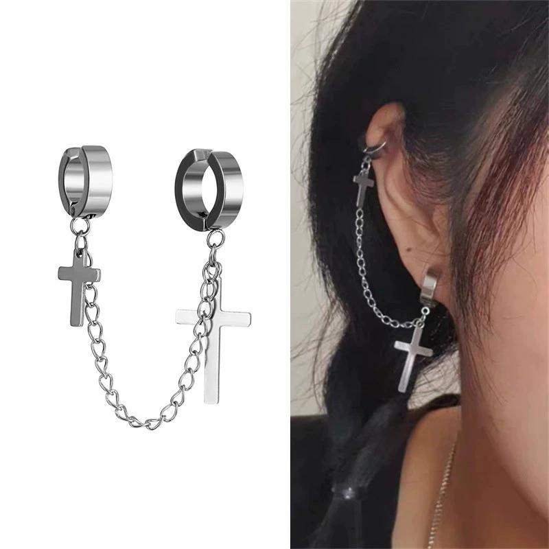1pc Fashion Cross Pendant Ear Clip Non Piercing Earrings Fake Earrings for Men Women Punk Personalized Stainless Steel Zircon
