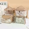 Floral Print Transparent Toiletry Bag 3-Pack Large-Capacity Handheld Makeup Storage Pouch for Women Travel