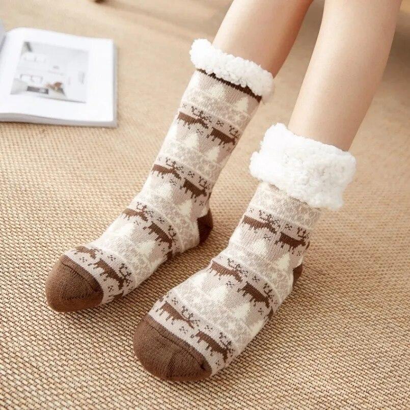 Winter Warm Socks Women Plush Soft Female Non Grip Floor Slippers Short Sock Fuzzy Fluffy Deer Elk Bear Christmas Gift