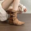 Kitten and Pointed Pleated Straps Stacked Boots 2025 New Retro Suede Flanged Metal Buckle Strap Fashion Short Boots