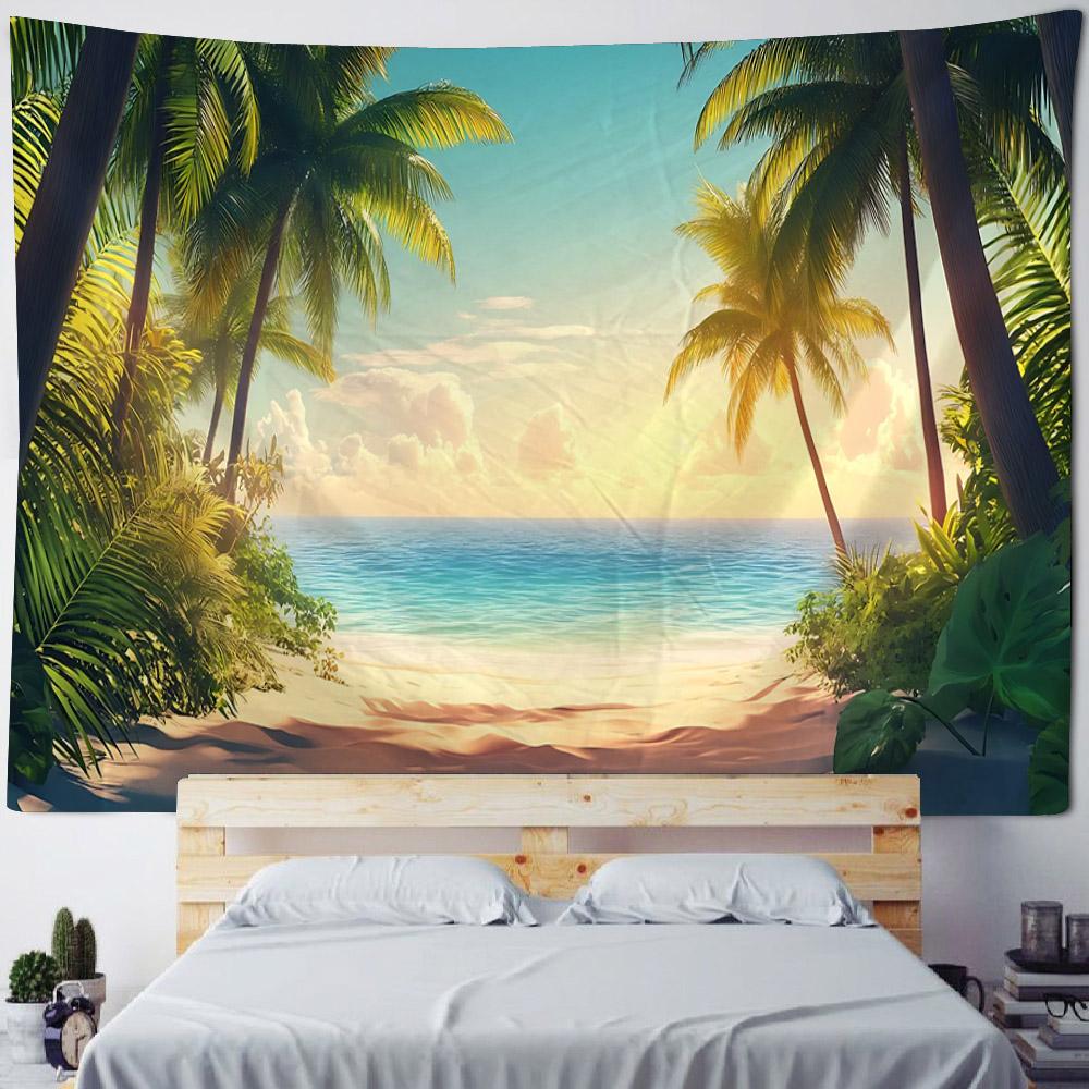 Coconut Tree Sunrise Tapestry Retro Sea View Oil Painting Art Wall Hanging Home Decoration Hippie Wall Background Poster