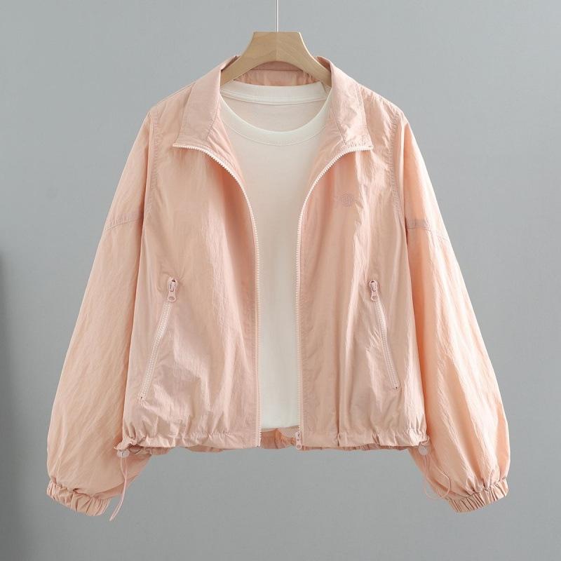 Summer Lightweight Drawstring Sun Protection Jacket Women Short New Suncreen Coat Korean Loose Letter Stand Collar Jacket Top