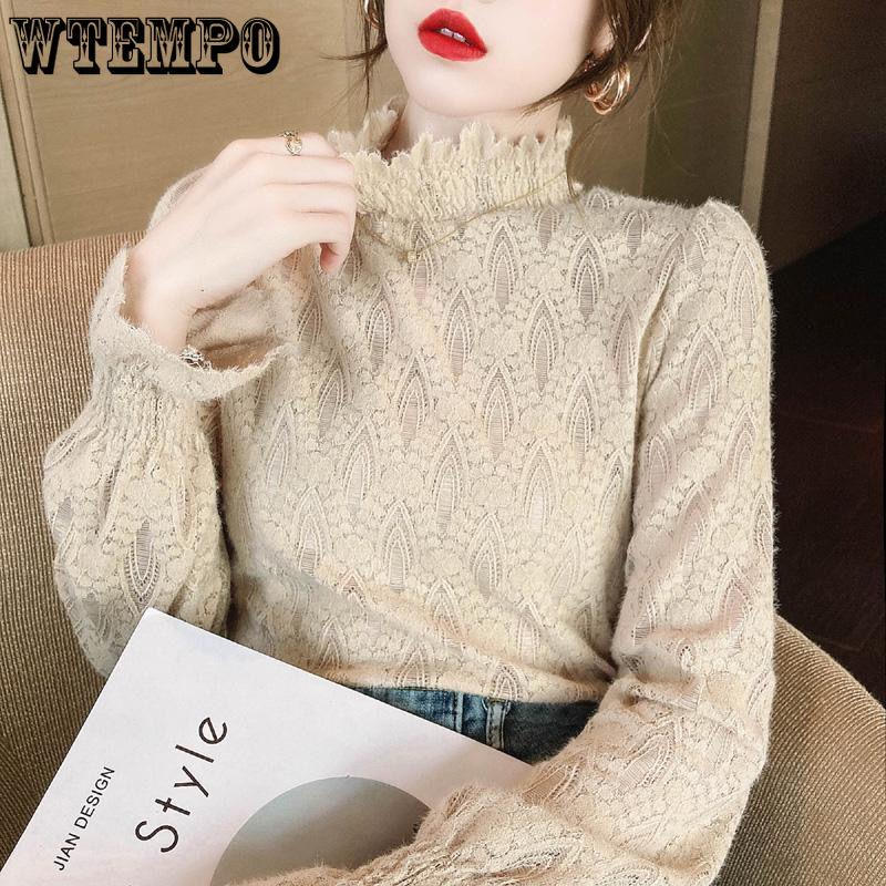 Halbhoher Kragen Spitzen-Unterhemd Damen Langarm Gepolstert Herbst und Winter Yankee Take Top Slim Warmes Shirt