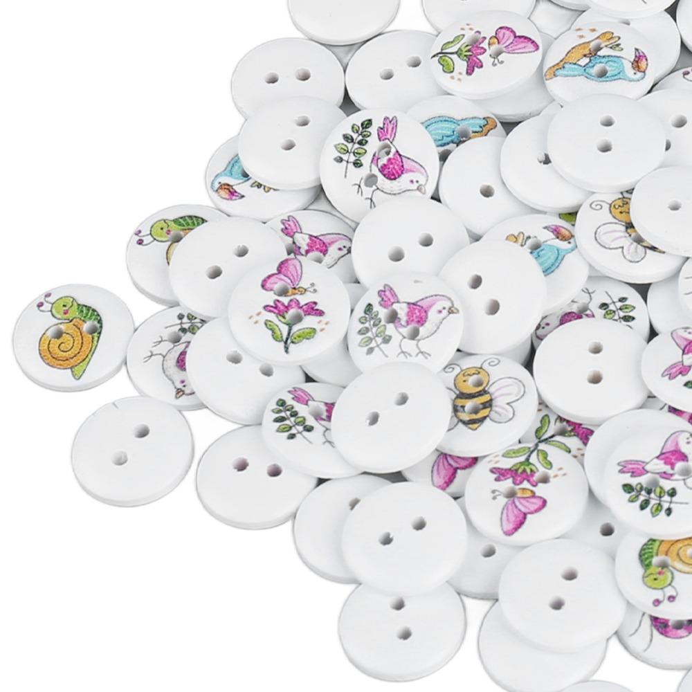 100pcs 2 Holes Decorative Buttons Mixed Printed Round Buttons Vintage Wooden Buttons  For DIY Crafts