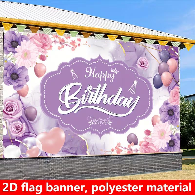 2D Lavendel Blumiges Geburtstagsbanner, Lila Marmor Hintergrund, Polyester Party Hintergrundtuch