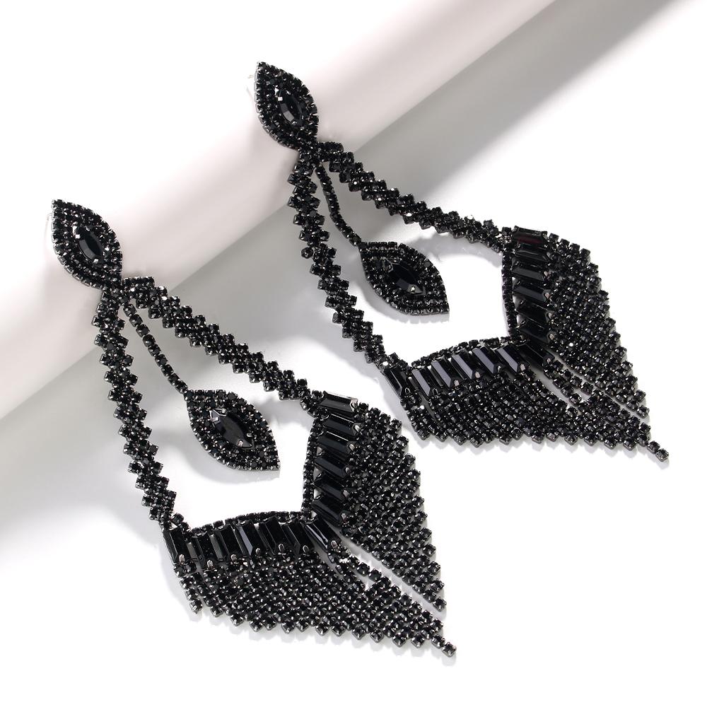Black Large Geometric Rhinestone Dangle Earring for Women Statement Accessories Drop Crystal Tassel Earrings Party Jewelry