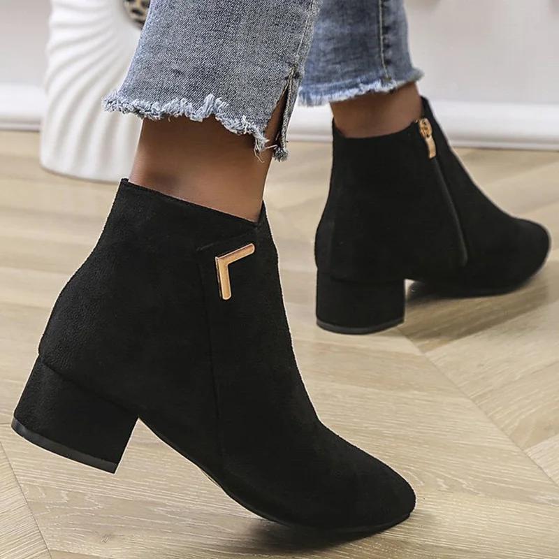 Fashion 2025 Spring Autumn Fashion Faux Suede Ankle Boots Women Solid Color Zipper Boots Woman Metal Decoration Pointed Toe Botas Lady